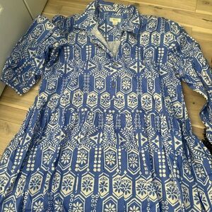 Anthropologie Maeve Blue and White Patterned Bubble-Hem Dress